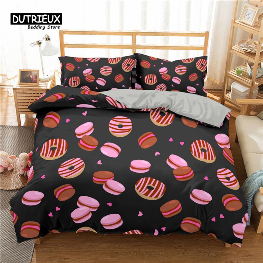Soft Cute Donuts Duvet Cover Set Dessert Theme Bedding Set For Girls Boys Gifts Microfiber Funny Cartoon Tasty Foods Quilt Cover