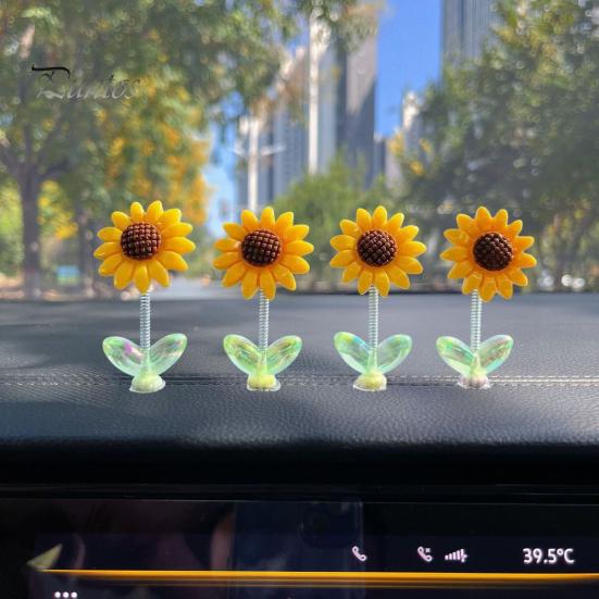 Non Residual Adhesive Ornaments 5Pcs Wobble Sunflower Car Dashboard Decor, Resin Spring Flower Ornament Interior Decoration Flowers with Slip