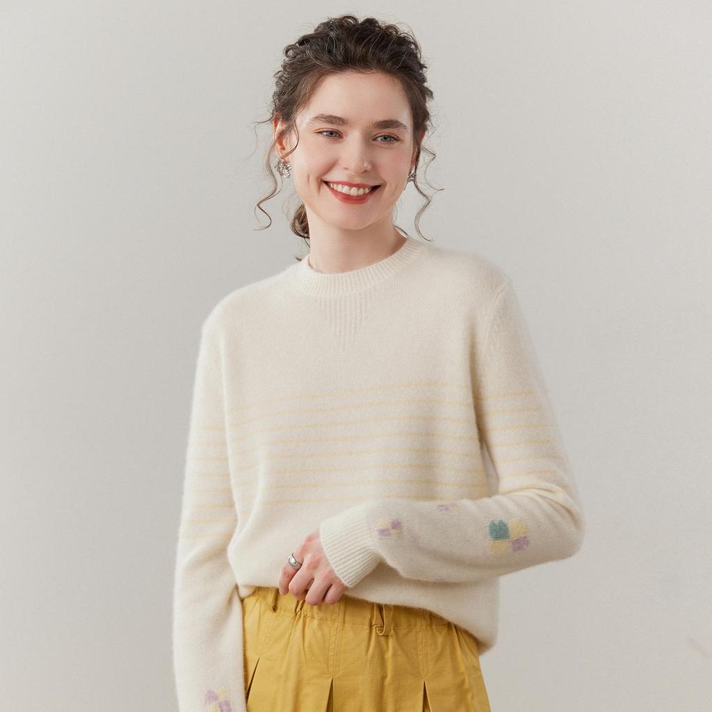 Women's Thickened Fleece Striped Knit Sweater - Light Luxury Autumn/Winter Round Neck Top