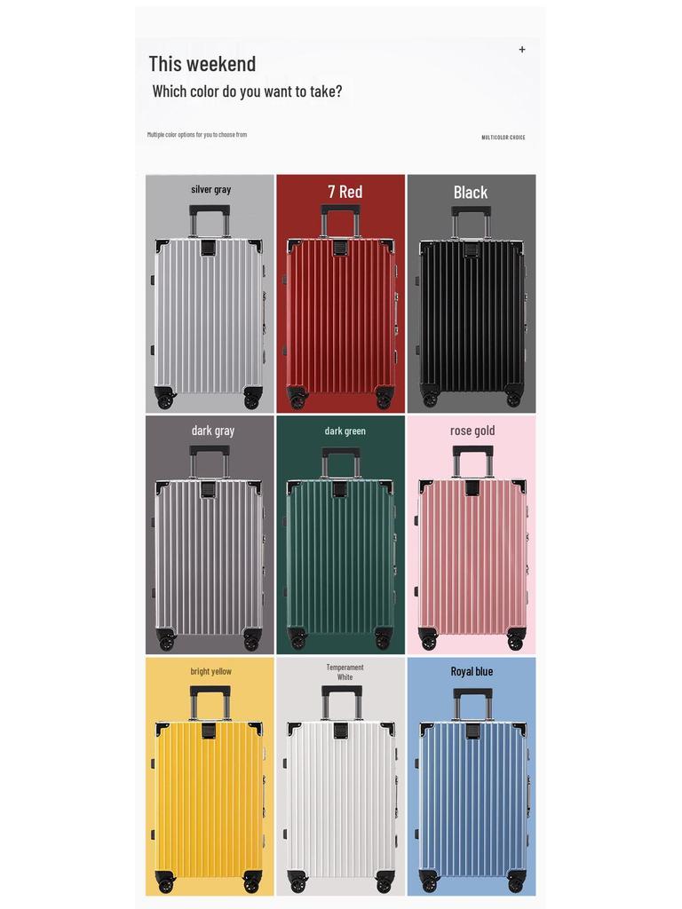 Large Capacity Aluminum Frame Travel Suitcase with Combination Lock, Trolley Wheels, and Durable Design for Men and Women.