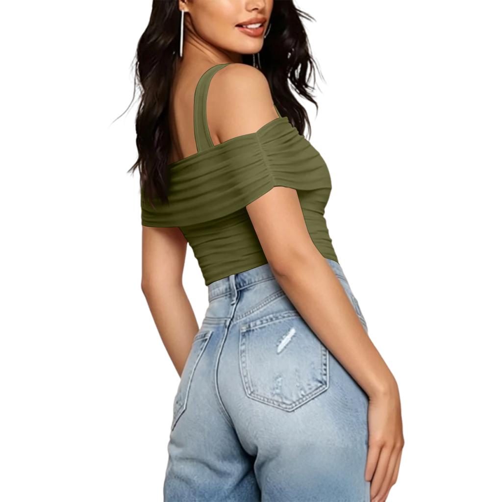 Womens Spring Tops Off Shoulder Ruched Design Summer Shirts for Women Casual Short Sleeve Tshirts Shirts for Women