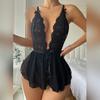 Sexy Bodysuit Low-cut Deep V Neck Sleeveless See-through Lace Mesh Cross Back Flower Embroidery Bow Decor Adjustable Spaghetti Strap Honeymoon