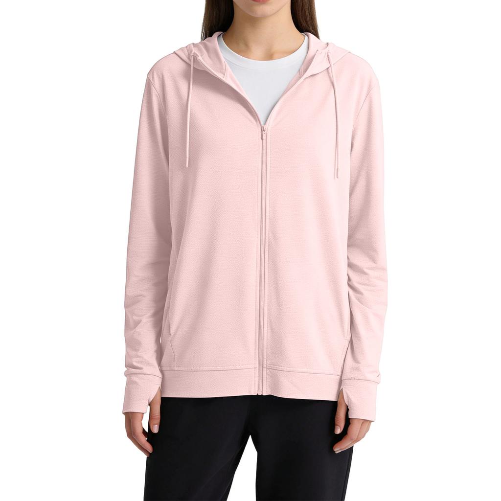 Lightweight Full Zip Hooded Jacket with Long Sleeves Breathable Fabric Casual Loose Fit Sun Outerwear