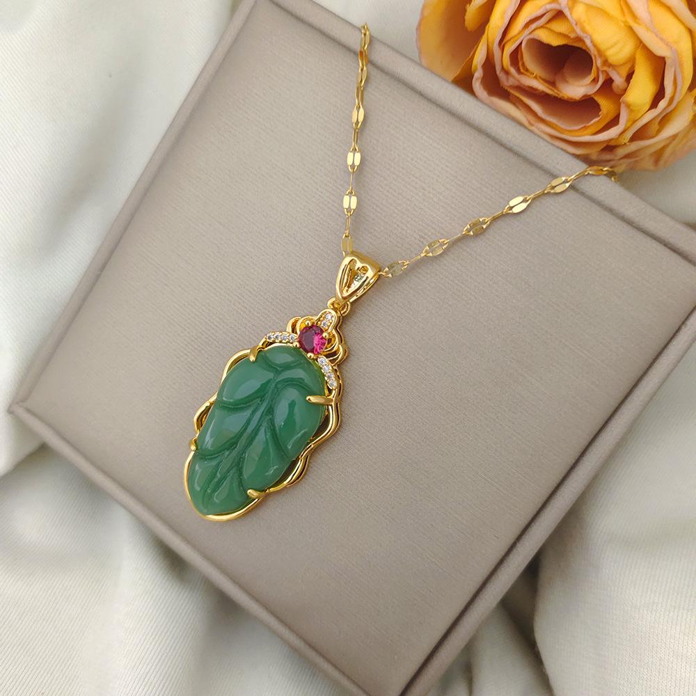 Luxurious Gold Branch Jade Leaf Necklace - Non-Fading, High-End Imitation Chalcedony