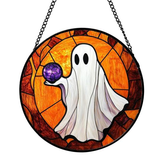 Halloween Suncatcher Decoration Spider Pumpkin Bat Witch Broom Ghost Stained Glass 2D Flat Acrylic Wall Window Hanging Sign Ornament