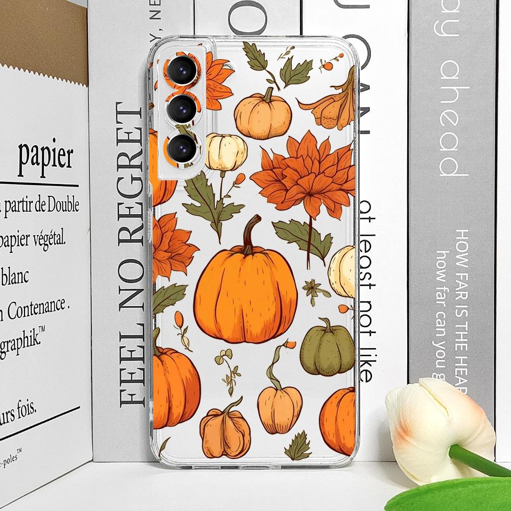 Autumn Maple Leaf Pumpkin Print Clear Phone Case for Samsung Galaxy S25 Ultra S24 S23 S22 S21 Plus S20 FE 5G Soft Silicone Cover