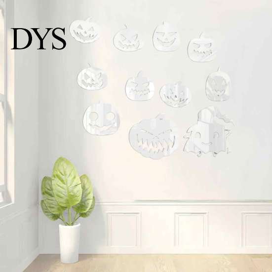 Creative Wall Stickers for Bedroom Decor 11Pcs Halloween Pumpkin Mirror Stickers, Self-Adhesive Acrylic Ghost Decals, DIY Removable Versatile