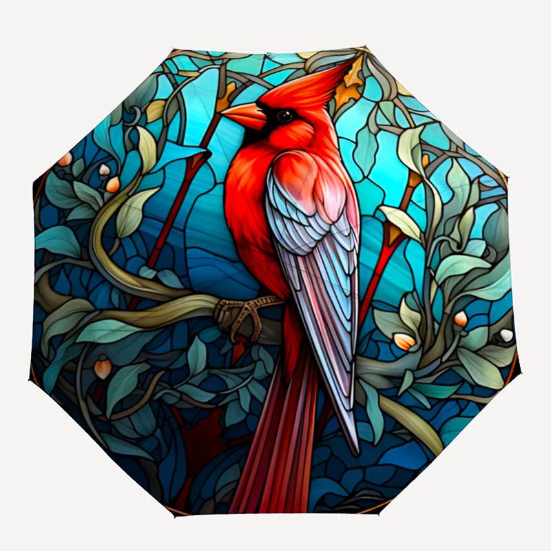 

1pc Stained Glass Cardinal Auto Folding Umbrella, Sturdy And Durable Automatic Folding Umbrella with 8 Ribs, Convenient for Outdoor Use111