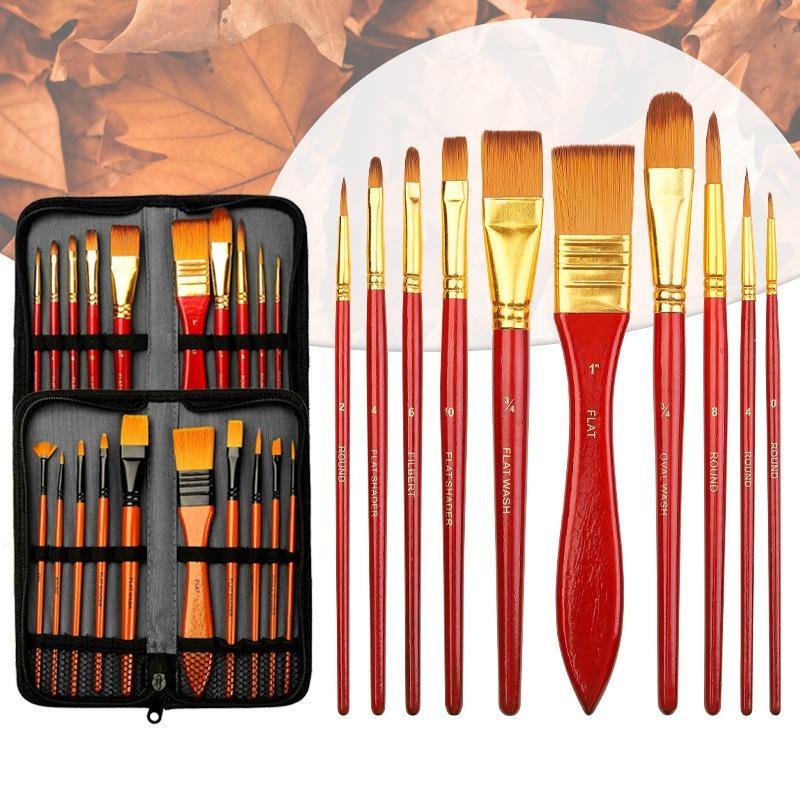 10 Pcs Orange Handle Nylon Bristle Watercolor Brush Set with Canvas Bag for Kids Adult DIY Handcraft Painting