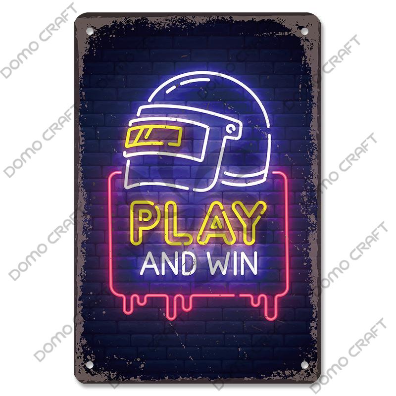 Poster Neon pentru jocuri video Placă metalică Gamer Play Win Game Zone Semne de tablă din metal Decor de perete retro Sala de jocuri Bar Pub Peștera omului
