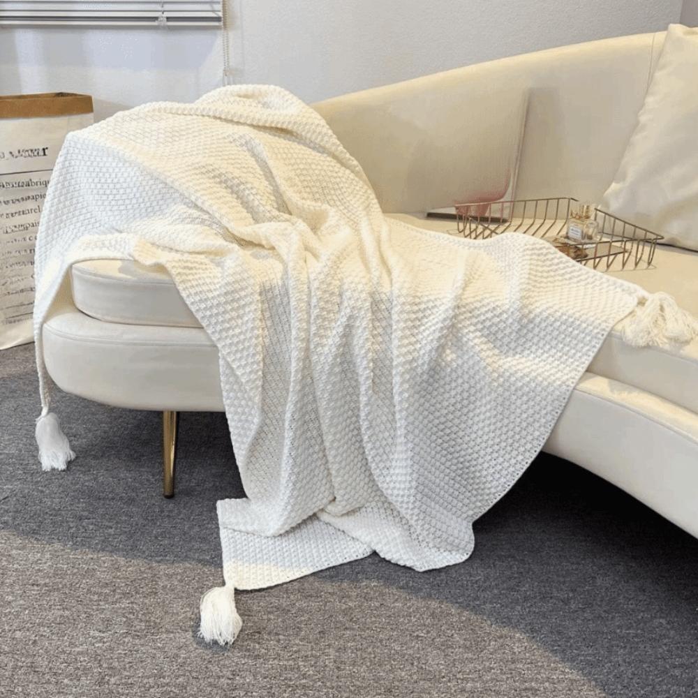 with Tassel Nordic Knitted Blanket Waffle Pattern Sofa Blanket Simple Nap Blanket  Air Condition
