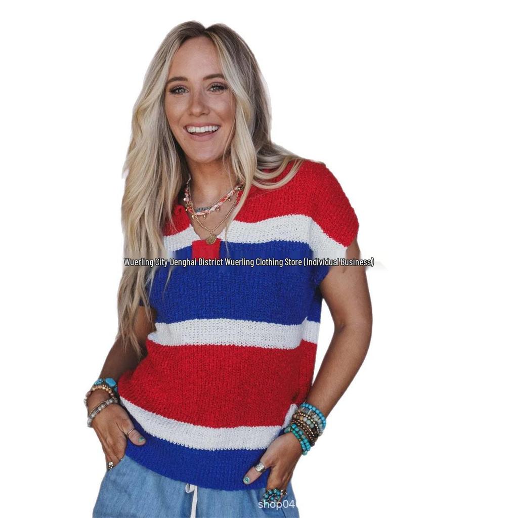 2026 Autumn/Winter Women's Striped Color-Block V-Neck Loose Sleeveless Tank Top