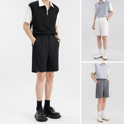 Męskie szorty garniturowe ze średnim stanem, w jednolitym kolorze, proste, z szerokimi nogawkami, z kieszeniami