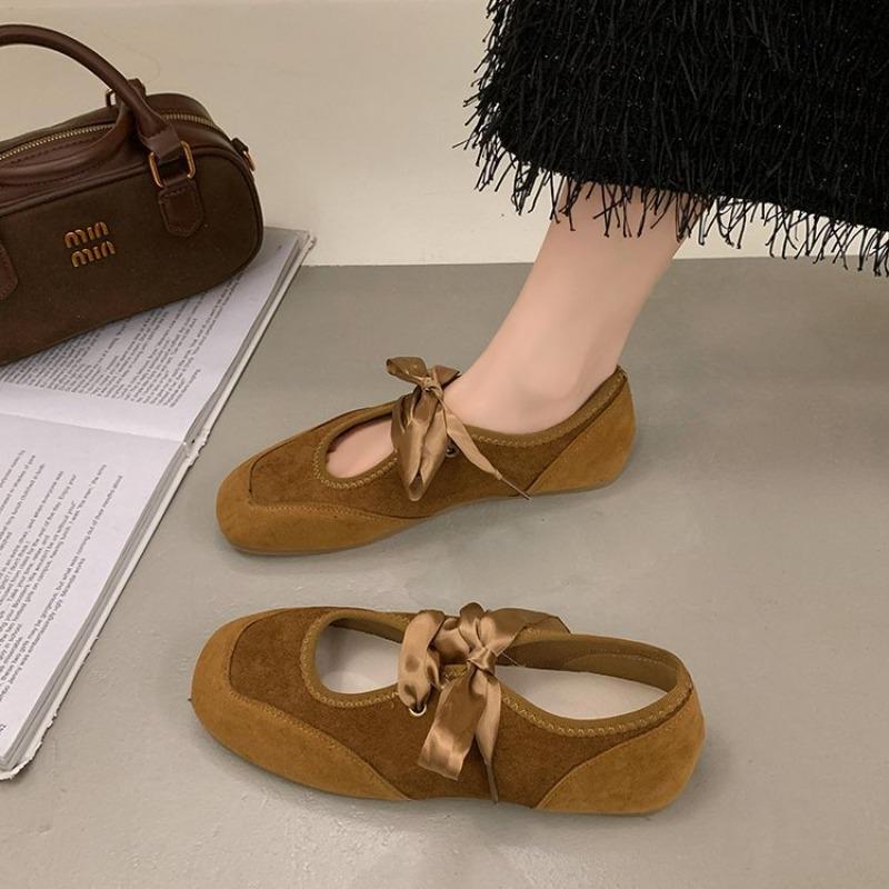 Gentle Shallow Mouth Square Head Mary Jane Shoes Women's Autumn and Winter New Lace-up Single Shoes Women's Flat Ballet Shoes