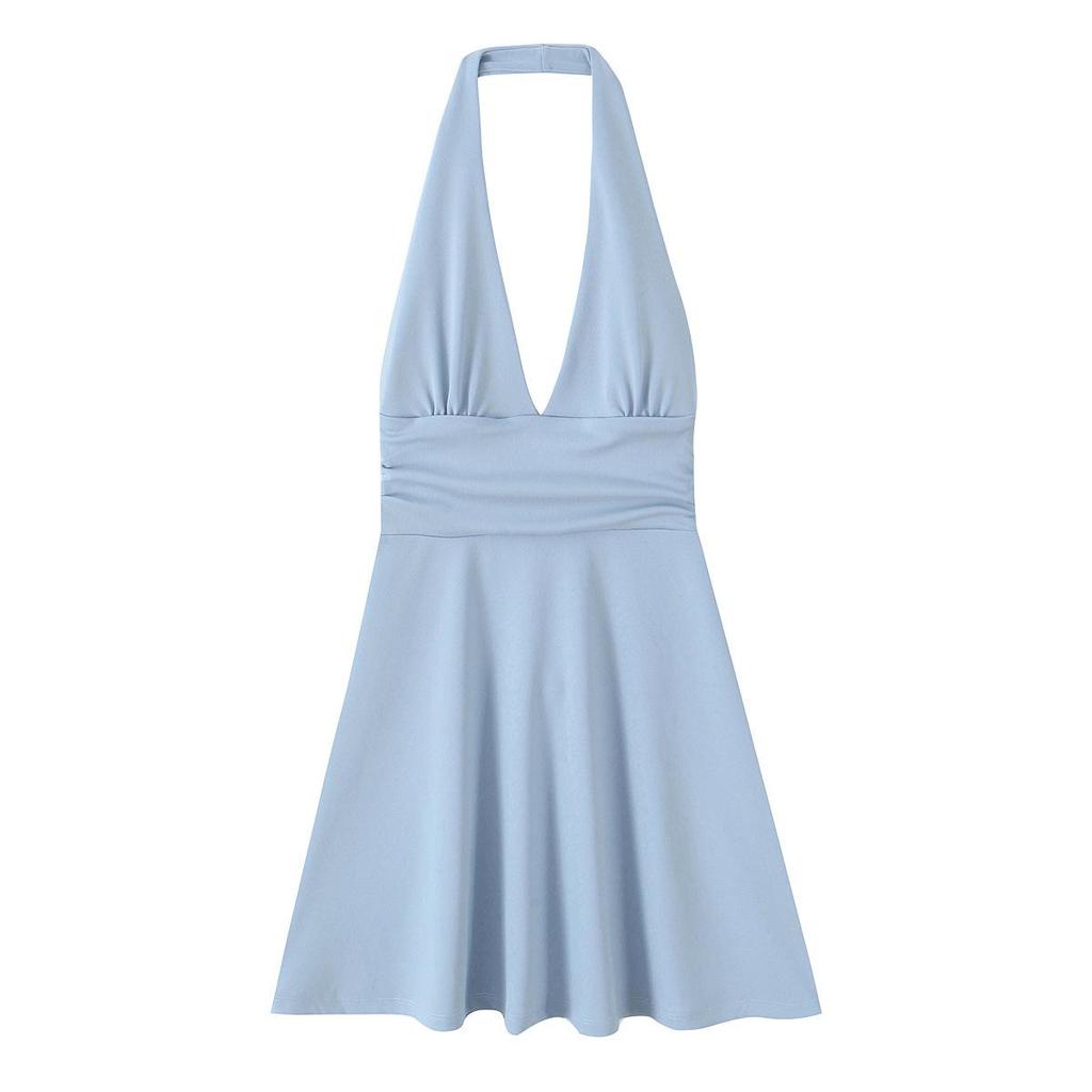 2025 Spring/Summer Women's Slim Solid Color Halter Neck High Waist Mini Dress