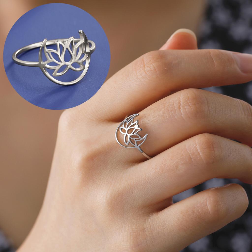 LIKGREAT Elegant Lotus Ring for Women Stainless Steel Amulet Vintage Wedding Finger Rings Jewelry Valentine's Day Gift Wholesale
