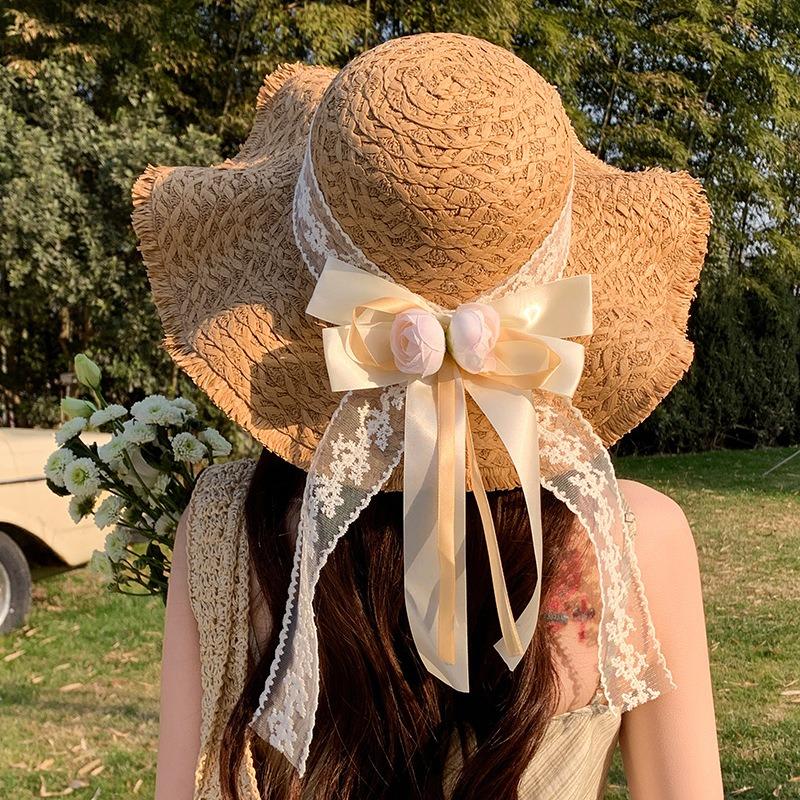 Summer Bow Sun Hat Female, Seaside Beach Vacation Sun Hat Outdoor Big Brim Sun Hat Sweet Straw Hat