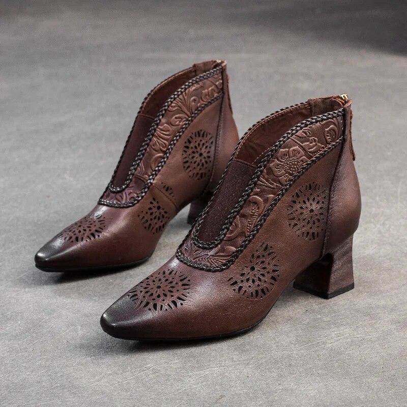 

Босоніжки Johnature з натуральної шкіри, повітропроникні чоботи з вирізом, ретро, ​​загострені високі підбори, жіноче взуття для приміських поїздок 36 темно-коричневого кольору