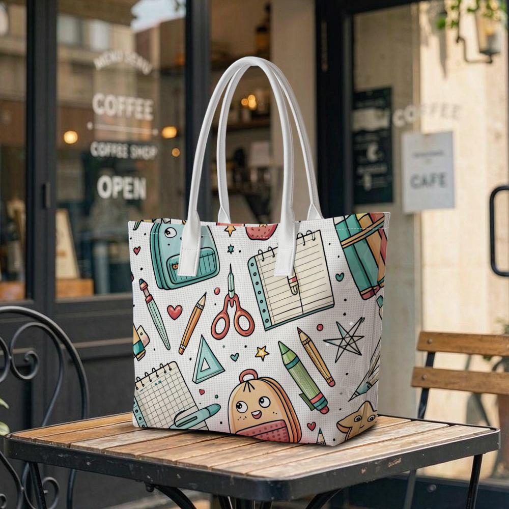 Cute School Stationery Print Tote Bag Portable Large Capacity Handbag For Daily Shopping Travel