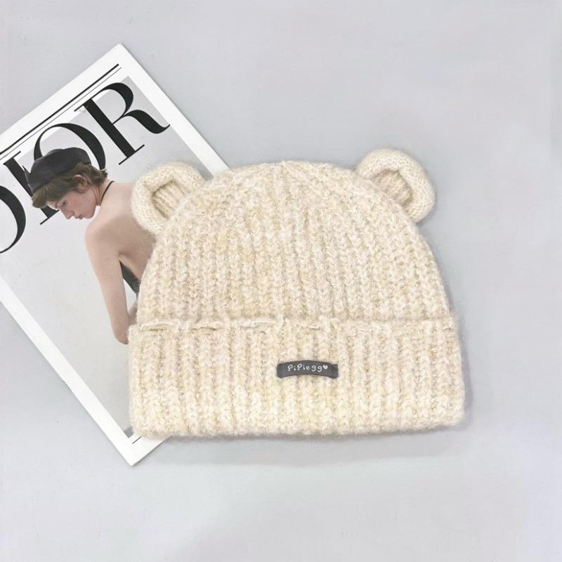 25 early autumn new cute ears plush hat women's intercolored fluffy autumn warm ear protection knitted hat