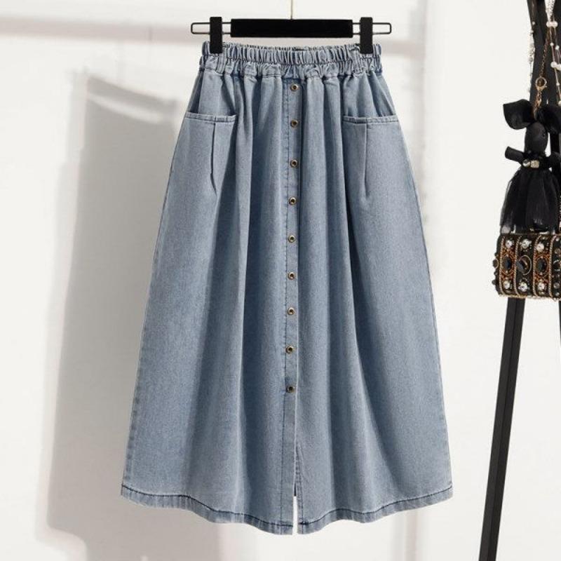 Summer 2025 New Plus Size Elastic Waist Slimming Women's Skirt Split A-line Retro Denim Skirt Mid Length