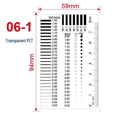 Transparent Ruler and Gauge Set: ID Card, Film, Line, Point, Stain, Crack, Scratch, and Area Measurement.