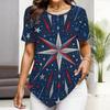Women Plus Size Short Sleeve Asymmetric Hem Top Multi Point Star Sparkle Patriotic Print Blouse