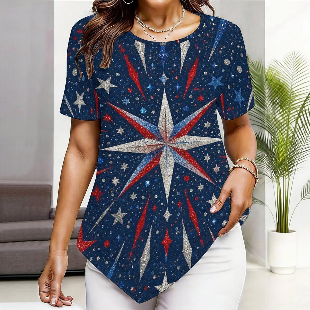 Women Plus Size Short Sleeve Asymmetric Hem Top Multi Point Star Sparkle Patriotic Print Blouse