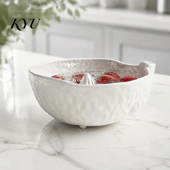 Professional Produce Cleaning Tool Ceramic Berry Washing Bowl with Drainage Holes, Fruit Kitchen Colander for Fresh Strawberries Rinse Basin, Berries