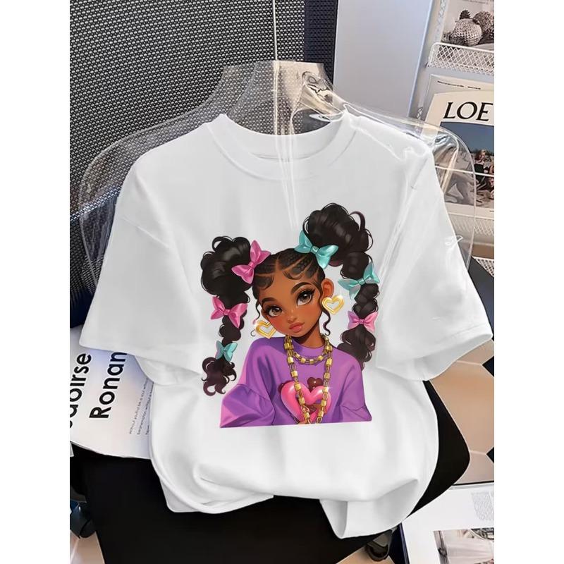 Girls' Summer Crew-Neck Short-Sleeved Top New Black Girls Cute Top Girls Clothes Cartoon Print T-Shirt Top Children's Clothing