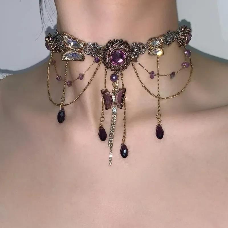 Retro "Tea Break Dance Party" Amethyst Necklace - Titanium Steel Butterfly Multi-Layer Tassel & Rhinestone Design