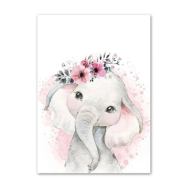 Acquerello Fiore Animale Tela Pittura Asilo Nido Rosa Baby Arte Murale Nordico Poster Stampe Zebra Elefante Giraffa Decor Immagini