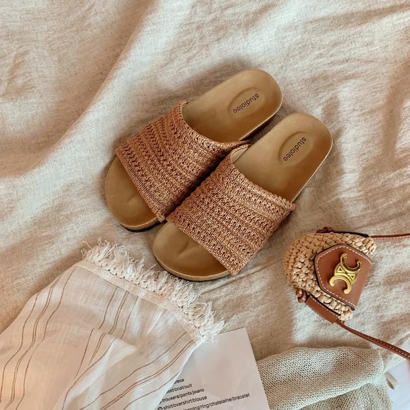 Sheepskin version of beach walking slippers women's summer wear woven wide word with thick bottom cool slippers