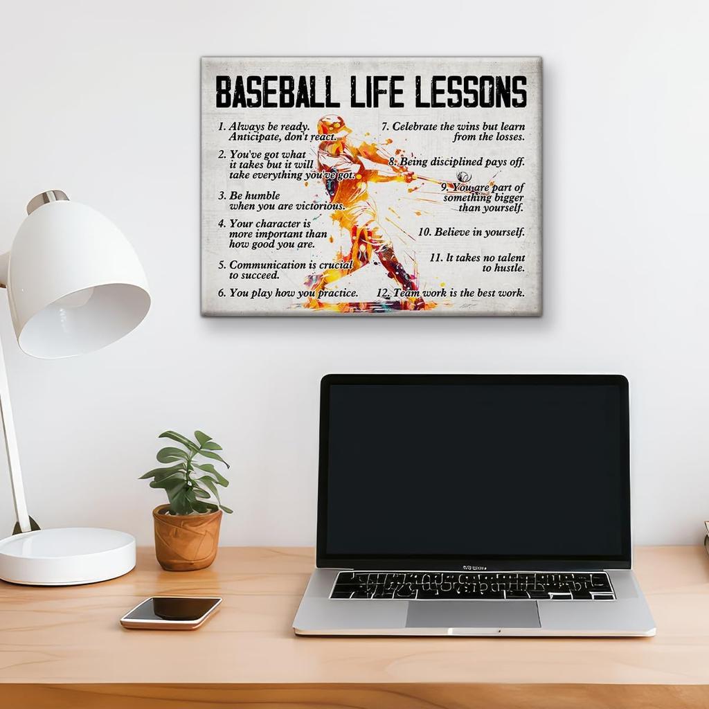 Hijie Baseball Poster Canvas Wall Art for Home Decor, Motivational Life Lessons Print Painting, Gifts for Men 12x15 Inch