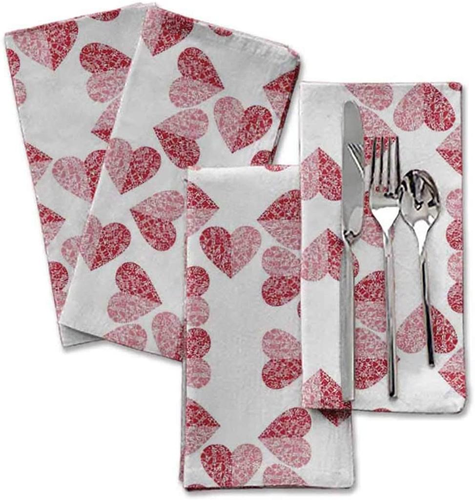 S4Sassy White Red Heart Feriefester Klut Bord Lin Gjenbrukbart middagsservietter sett 18 x 18"(Pakke med