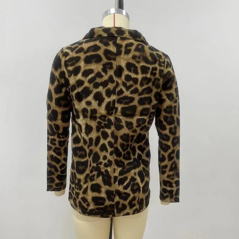 Spring Autumn Long Sleeve Single Breasted Jacket Fashion Leopard Commuter Coat Temperament Turn Down Collar Collar Suit