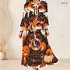 Women Plus Size Two Piece Dress Set Three Quarter Sleeve Halloween Panda Ghost Print Long Dress