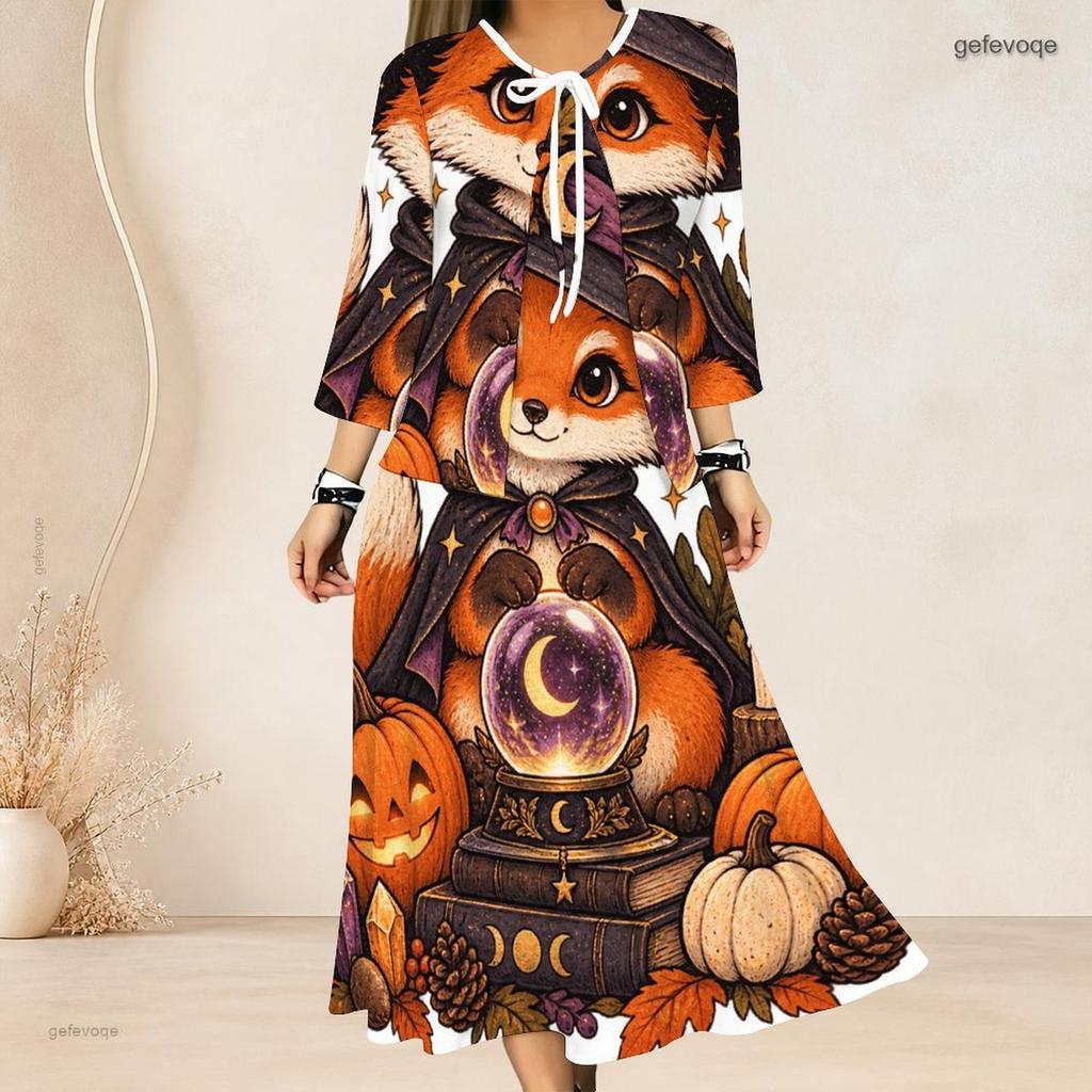 Women Plus Size Two Piece Dress Set Three Quarter Sleeve Halloween Panda Ghost Print Long Dress