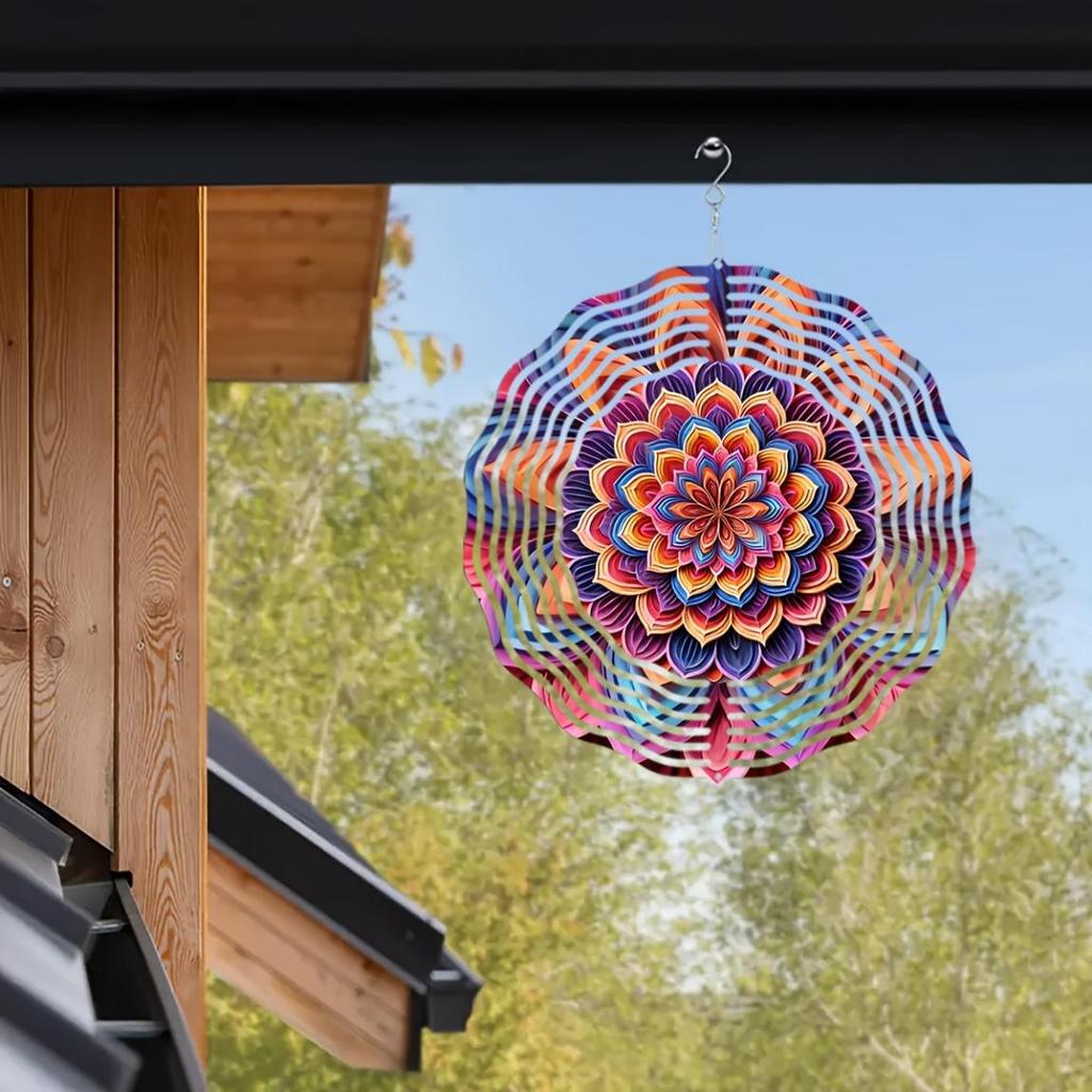Vibrant 10-inch Mandala Wind Spinner – 2D Kinetic Metal Art with Colorful Floral Design, 360° Rotating Hook for Garden