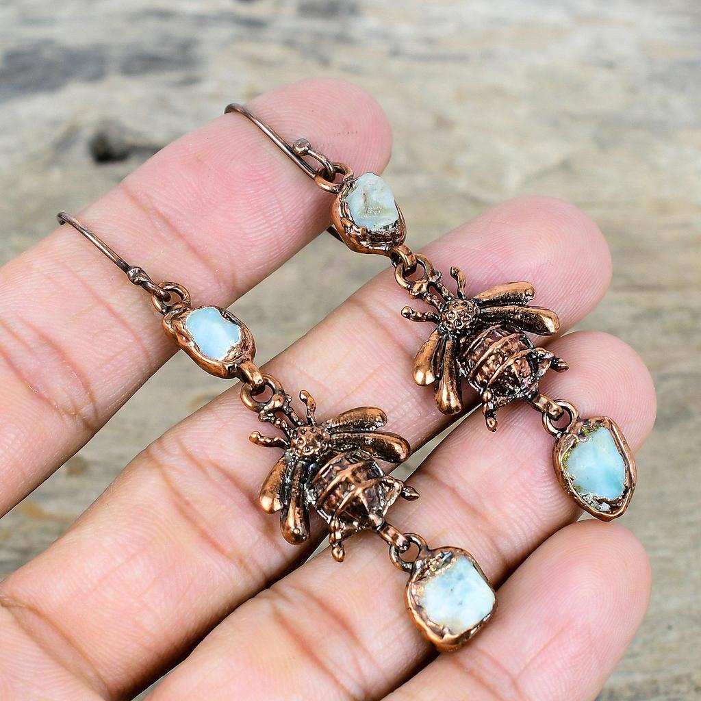 Larimar Rough Earring Electroformed Copper Earring Honey Bee Jewelry Gemstone Earrings Copper Jewelry Engagement Gifts Handmade Drop Earring