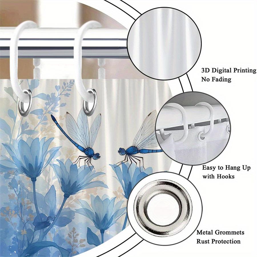 1Pc Blue Floral And Dragonfly Patterned Shower Curtain With Hooks, Made Of Polyester Fabric, Suitable For Bathroom Dcor.