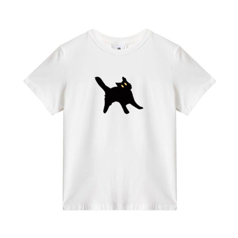 Summer new cartoon cute cat print design sense front shoulder crew neck versatile short-sleeved t-shirt women's