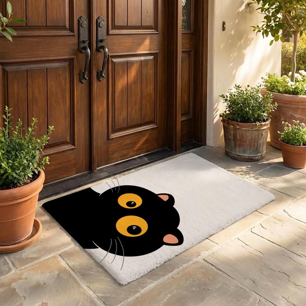 Cartoon Cute Black Cat Kawaii Floor Mat Flannel Door Mat Non-Slip Bedroom Living Room Home Decor