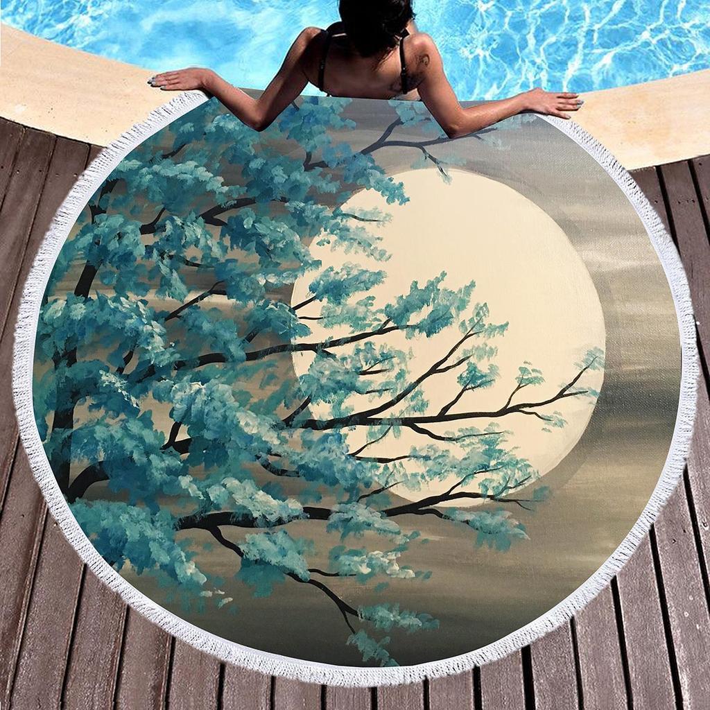Landscape Art Oil Painting Round Beach Blanket Water Absorbent And Quick Drying Polyester Beach Towel Pool Towel Picnic Blanket