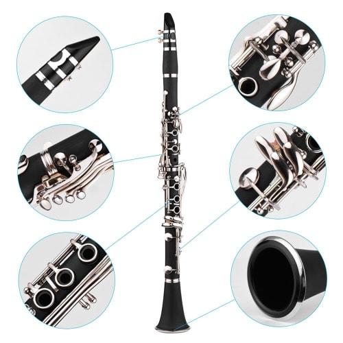 summina Woodwind Clarinet Set, 17 Keys, B Flat, ABS, Soprano, 10 Reeds, Mouthpiece, Cork Grease, Gloves, Reed Case, Screwdriver, and More, Perfect for