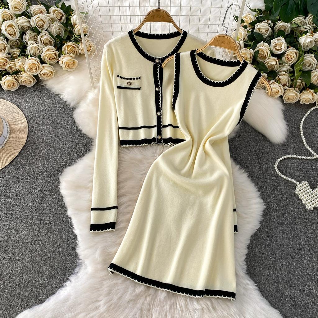 Autumn Winter Women Casual Knitted Sweater Two Piece Set Single Breasted Cardigans Top and Mini Short Slim Bodycon Dresses Suit
