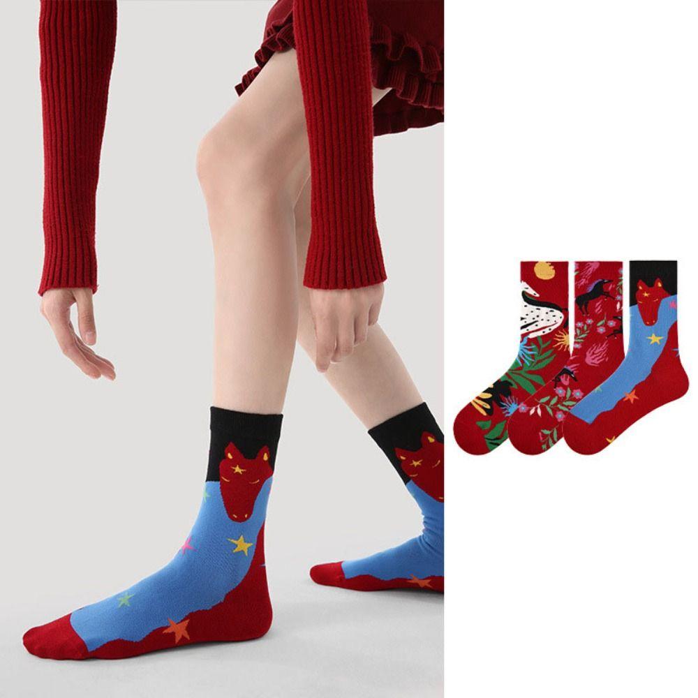 3Pairs Winter Autumn New Year Tube Socks Cartoon Red Cotton Socks Cute Year of The Horse Socks  Gift