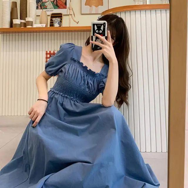 

Summer Solid-color Dress, Plus-size Women s Dress, Waist-cinching, Slimming, Belt-covering Long Dress for Children XXL синій