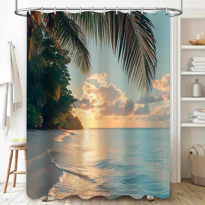 

Tropical Beach Sunset Shower Curtain - Relaxing Ocean View For Your Bathroom - Durable Waterproof Fabric With Scenic Print W60H190(CM)-1 Pcs
