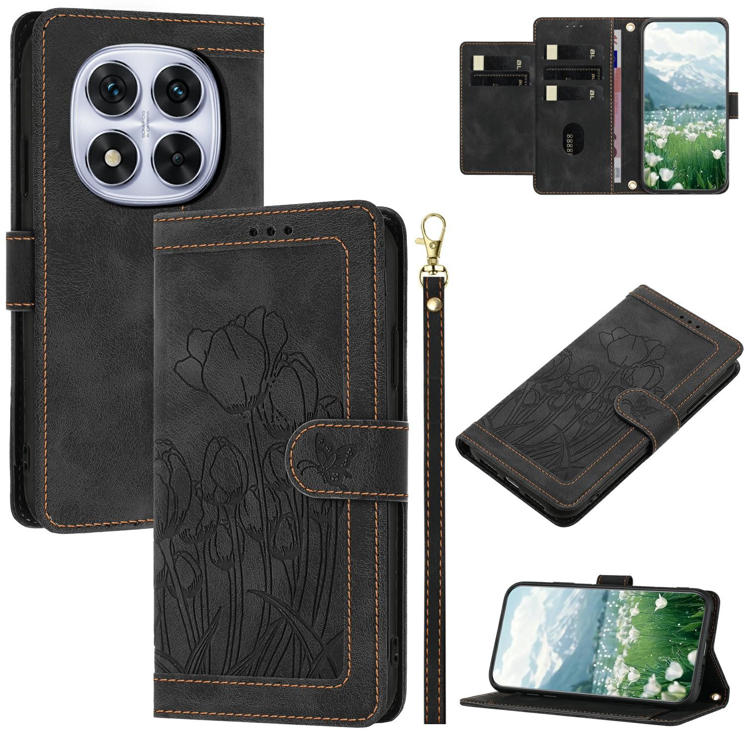 

For Xiaomi Redmi Note 14 Pro 4G Case Tulip Leather Phone Cover with 5 Card Slots Wallet Black